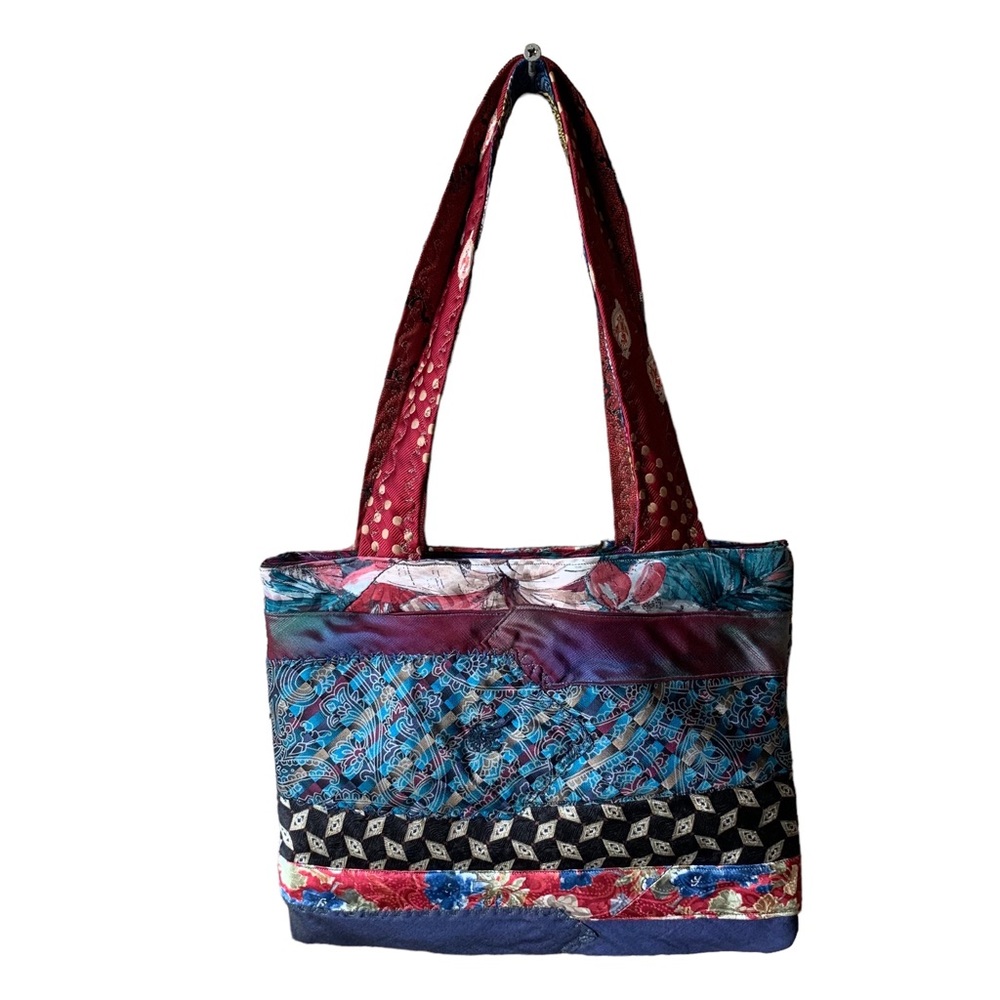 A Katie Bag by Katie Loper Fabric Patch Work Purse with Contrasting  Stitch - Picture 2 of 16